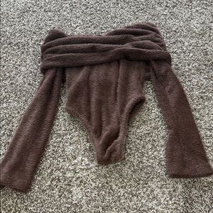 fuzzy brown off the shoulder bodysuit